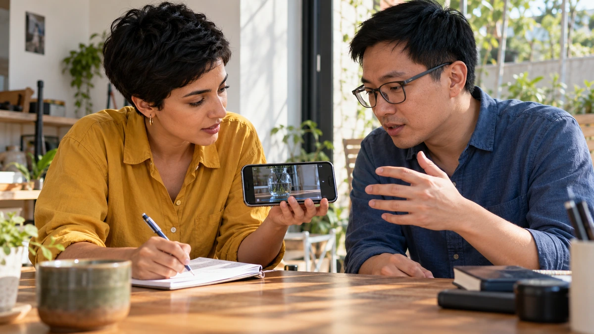Deux personnes regardent sur un téléphone une démonstration avec un récipient transparent.