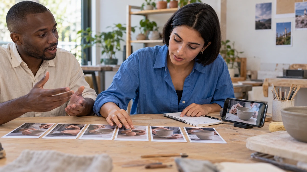 Deux personnes comparent les étapes et les images de leur projet.