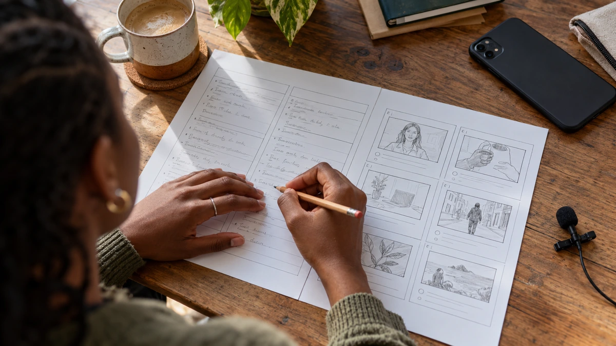 Des mains annotent une feuille qui sépare descriptions écrites et cases dessinées.