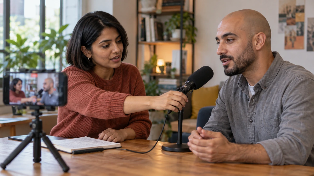 Deux personnes enregistrent une explication avec un microphone et un téléphone.