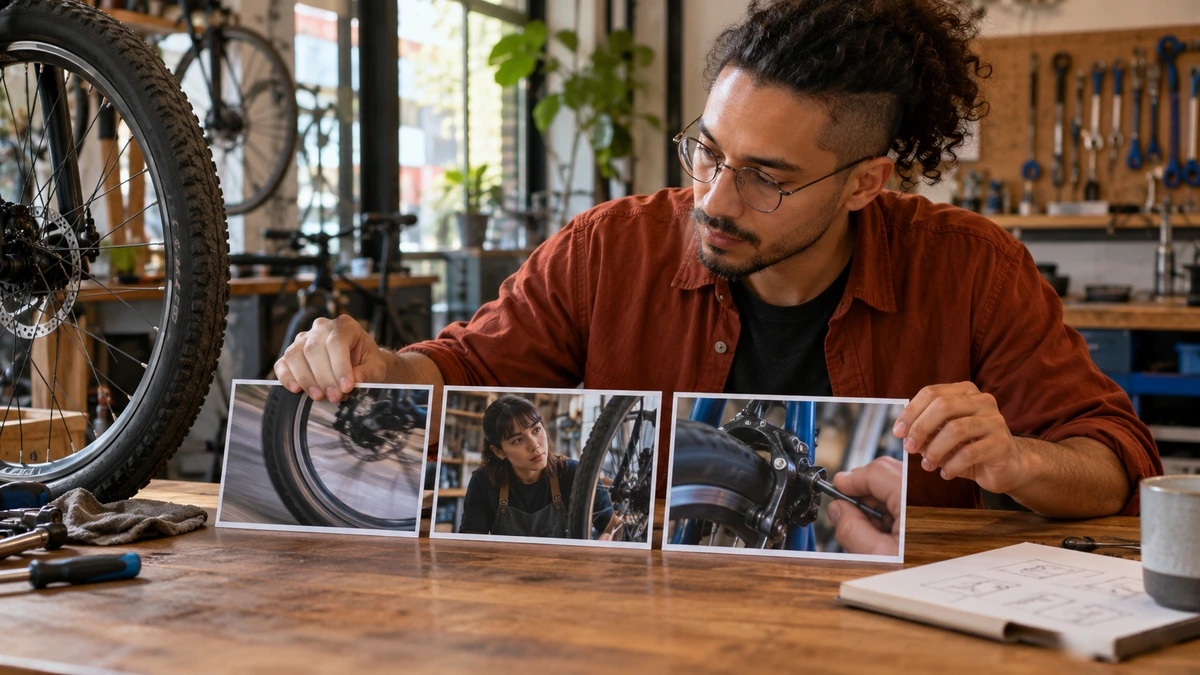Un créateur ordonne des photographies d’une réparation de vélo devant une roue.