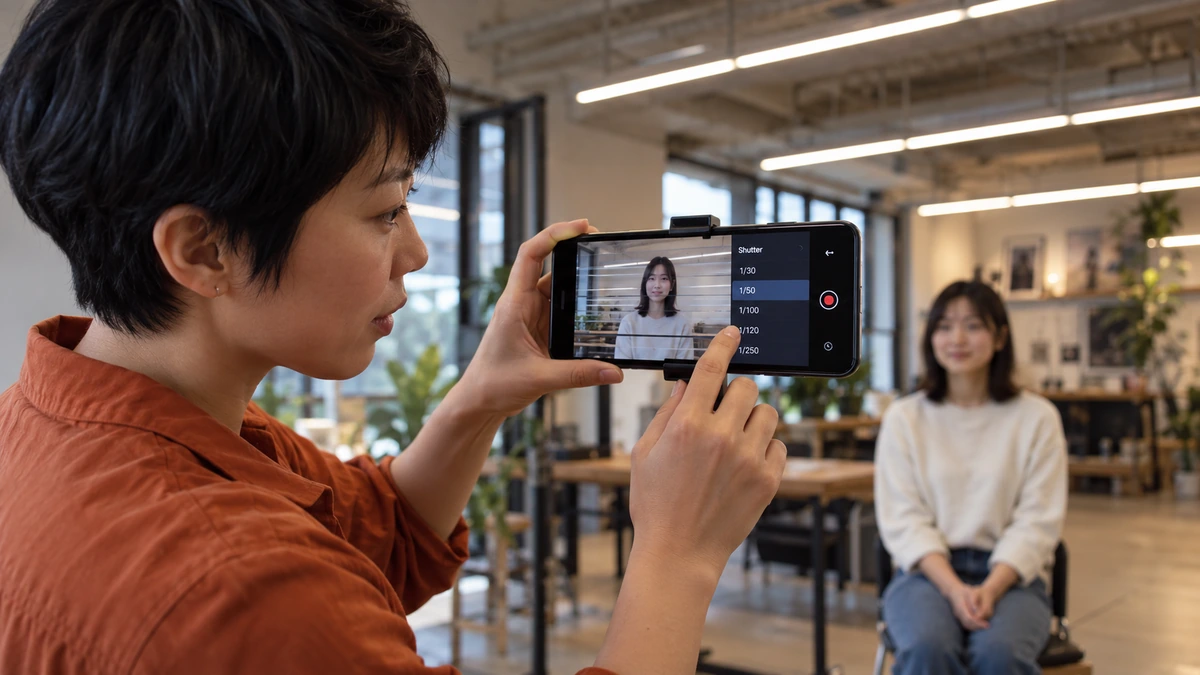 Une créatrice contrôle une image au smartphone sous les éclairages du lieu.