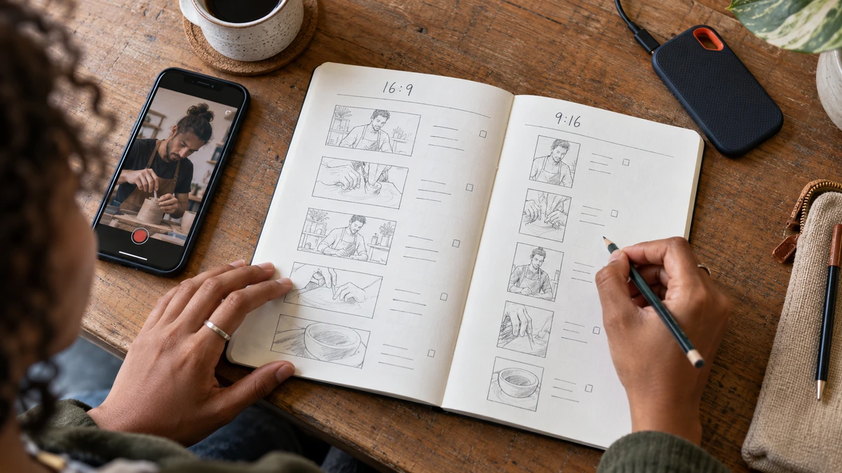 Un carnet de plans accompagne un téléphone et des documents de tournage.