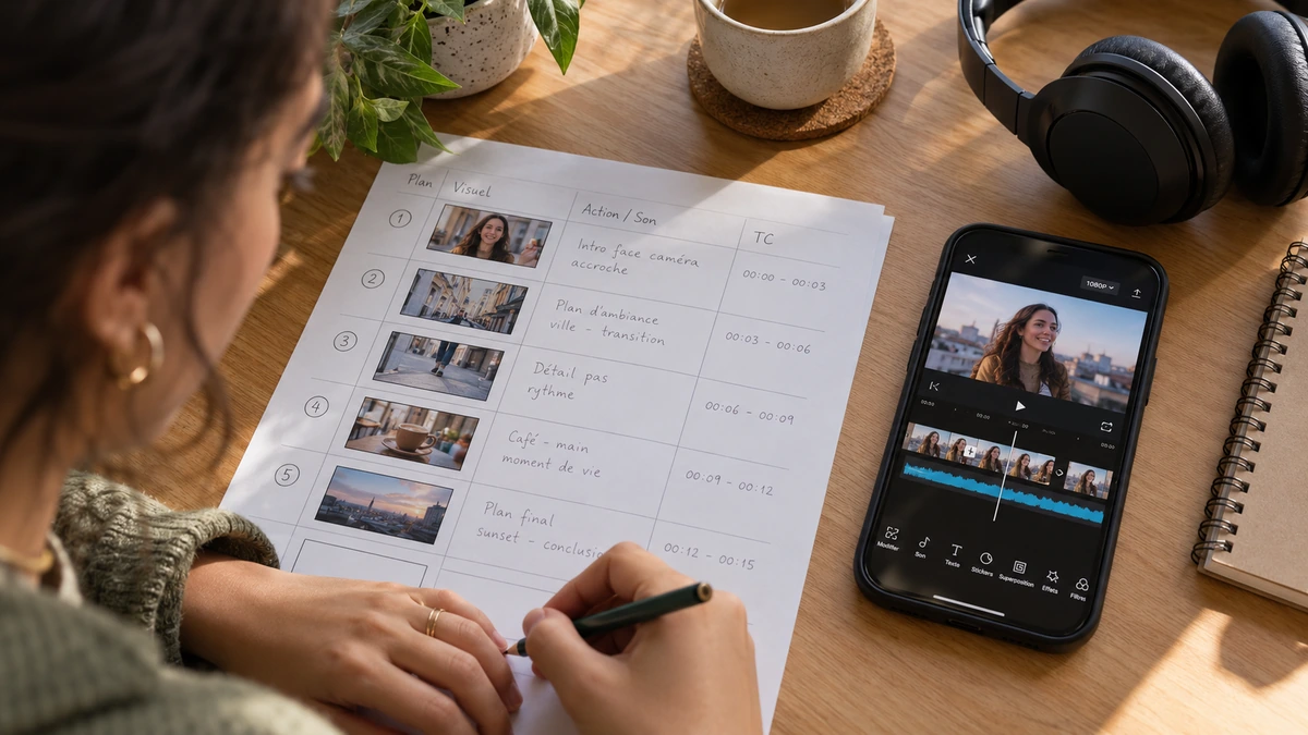 Un carnet et une liste d’images accompagnent un montage sur téléphone.