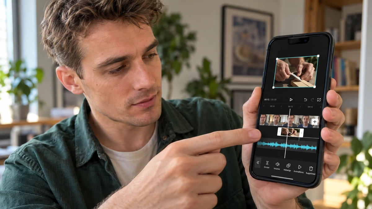 Un créateur compare le cadrage de plusieurs plans sur un téléphone.