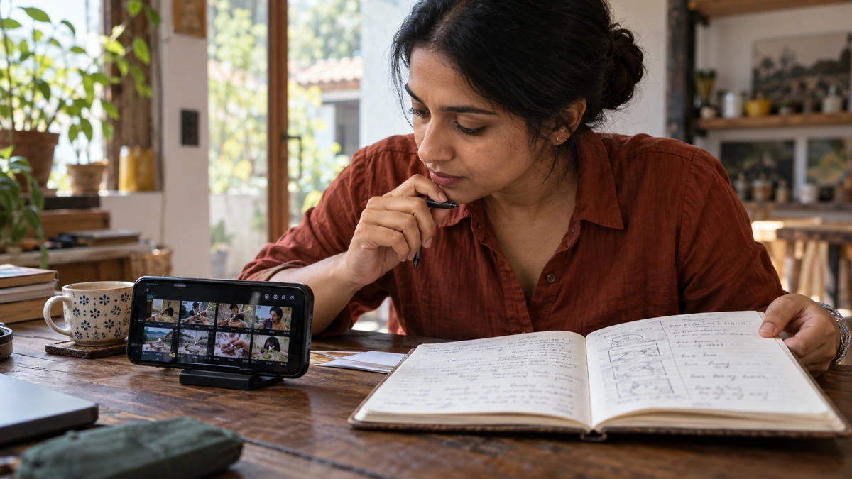 Une créatrice compare des plans sur un téléphone avec ses notes de tournage.