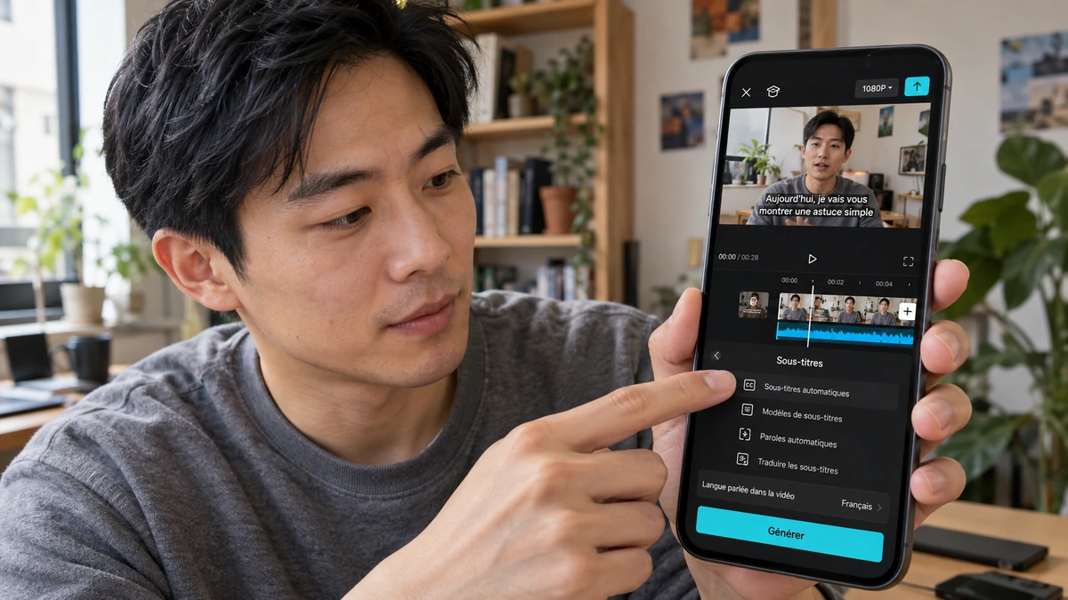 Une personne prépare la langue de transcription d’une vidéo sur un téléphone.