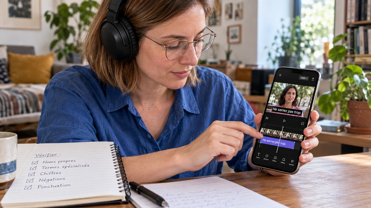Une personne au casque corrige des sous-titres sur un téléphone.
