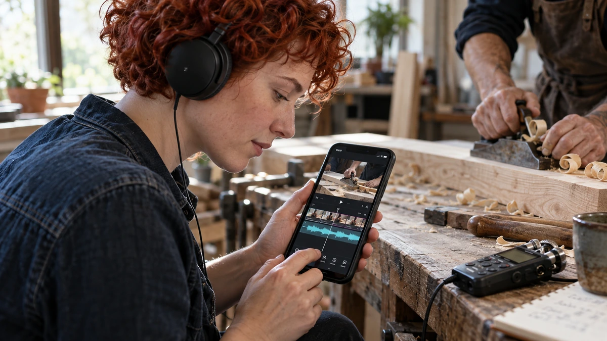 Une personne au casque vérifie la continuité sonore d’un montage.