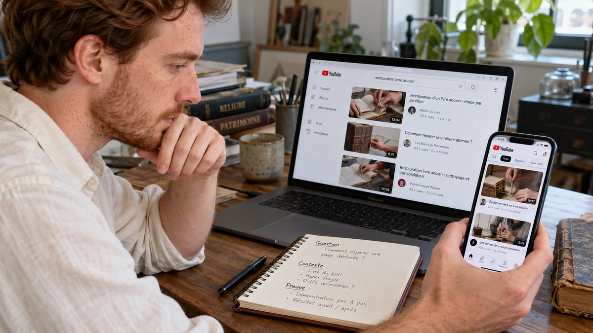 Une personne observe des publications sur un téléphone et un ordinateur en prenant des notes.