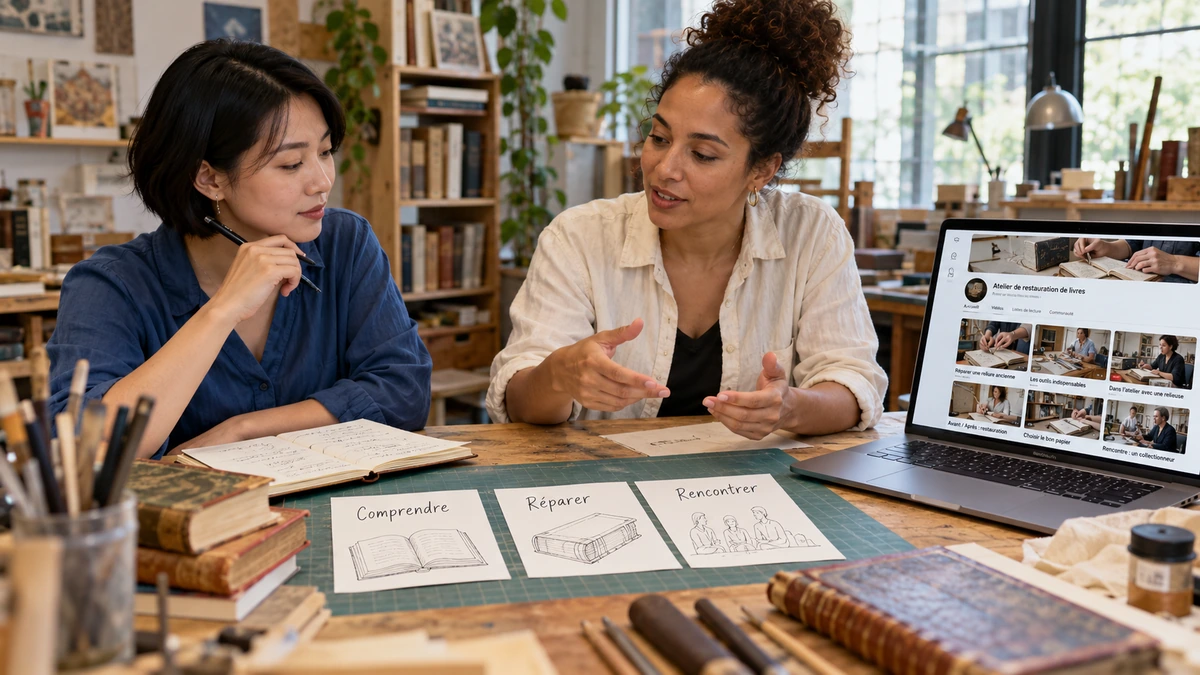 Deux personnes comparent des familles de contenus et des questions sur une table.
