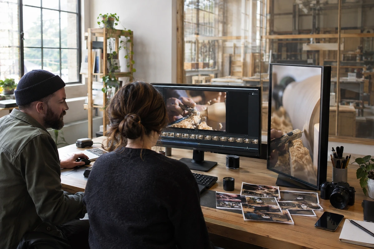 Deux personnes comparent des images sur un poste de montage vidéo.