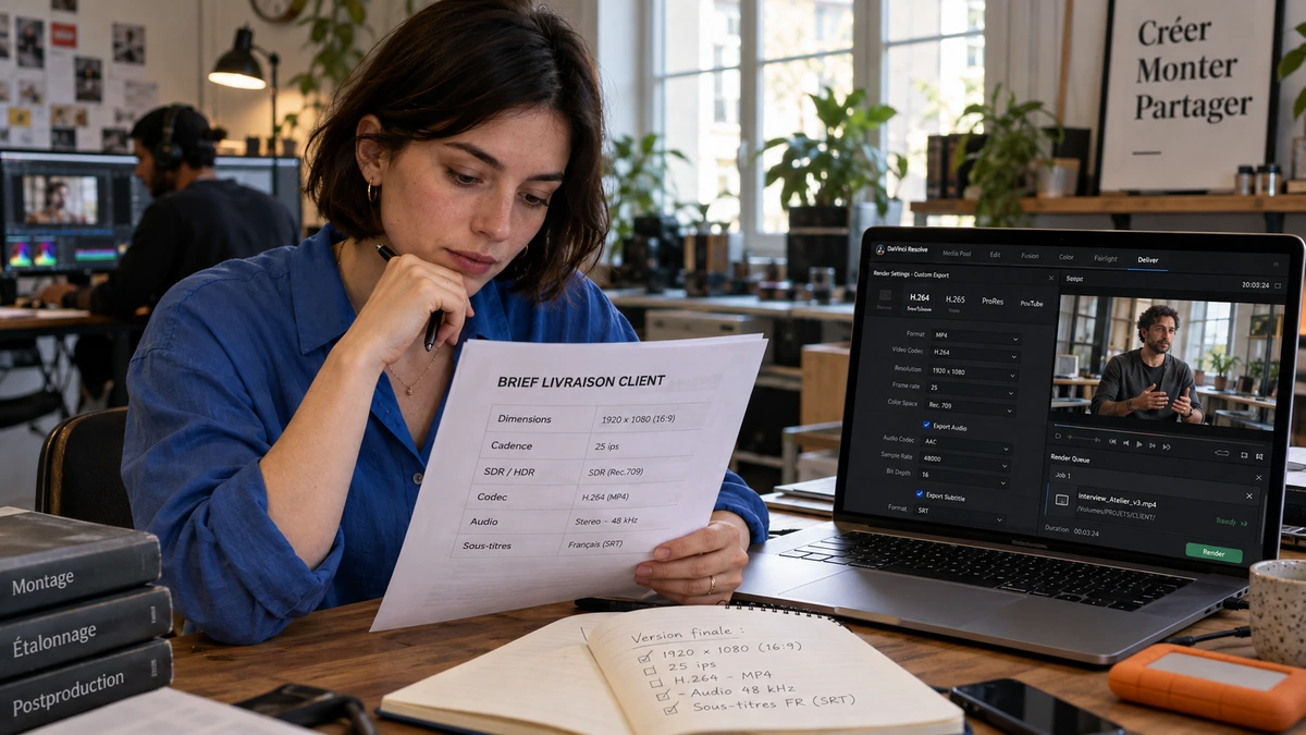 Une monteuse vérifie les paramètres d’une livraison vidéo.