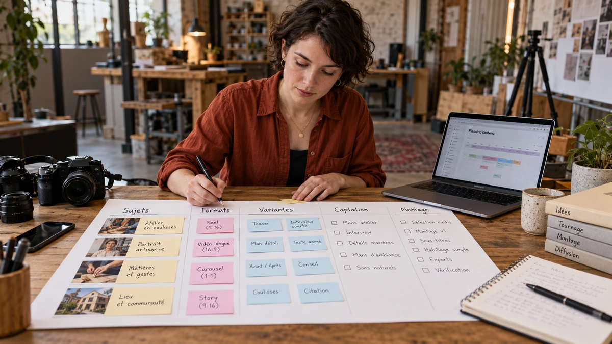 Une personne prépare plusieurs contenus avec une matrice de sujets et un calendrier.