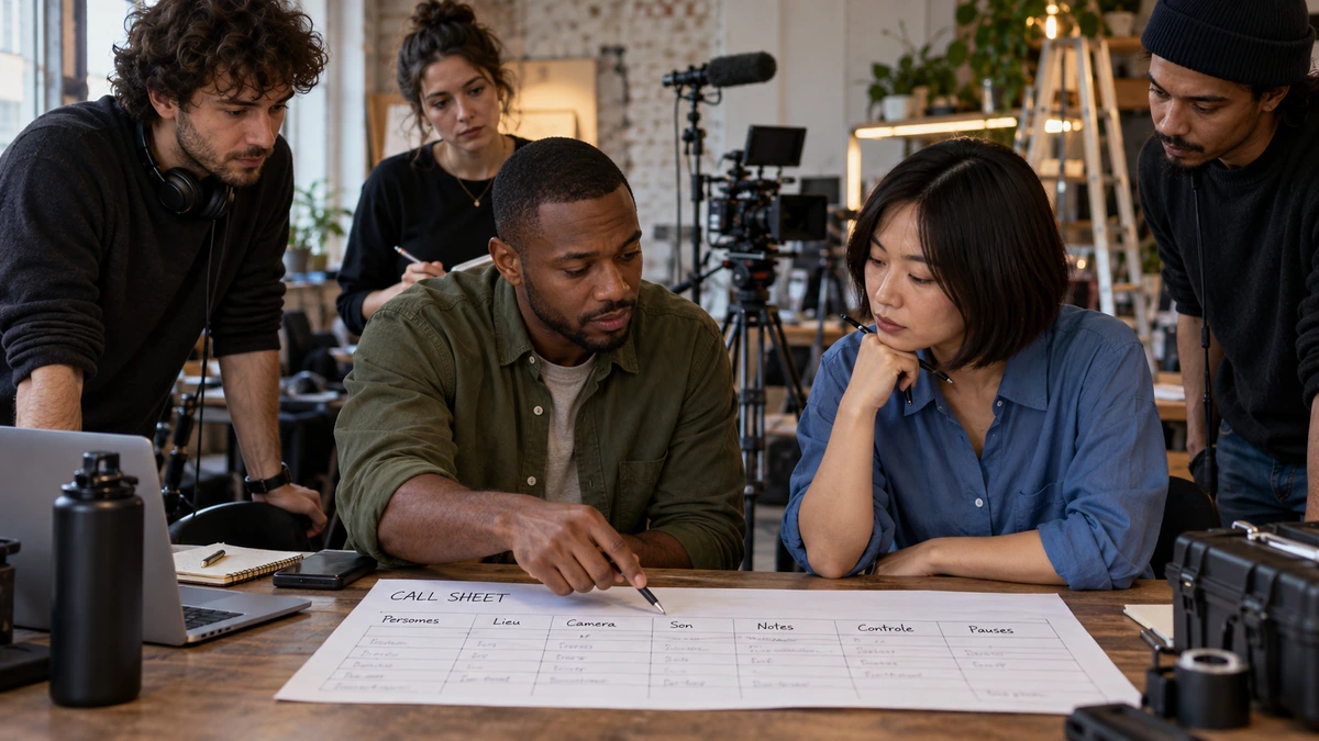 Une équipe compare les besoins de plusieurs vidéos autour d’une table de production.