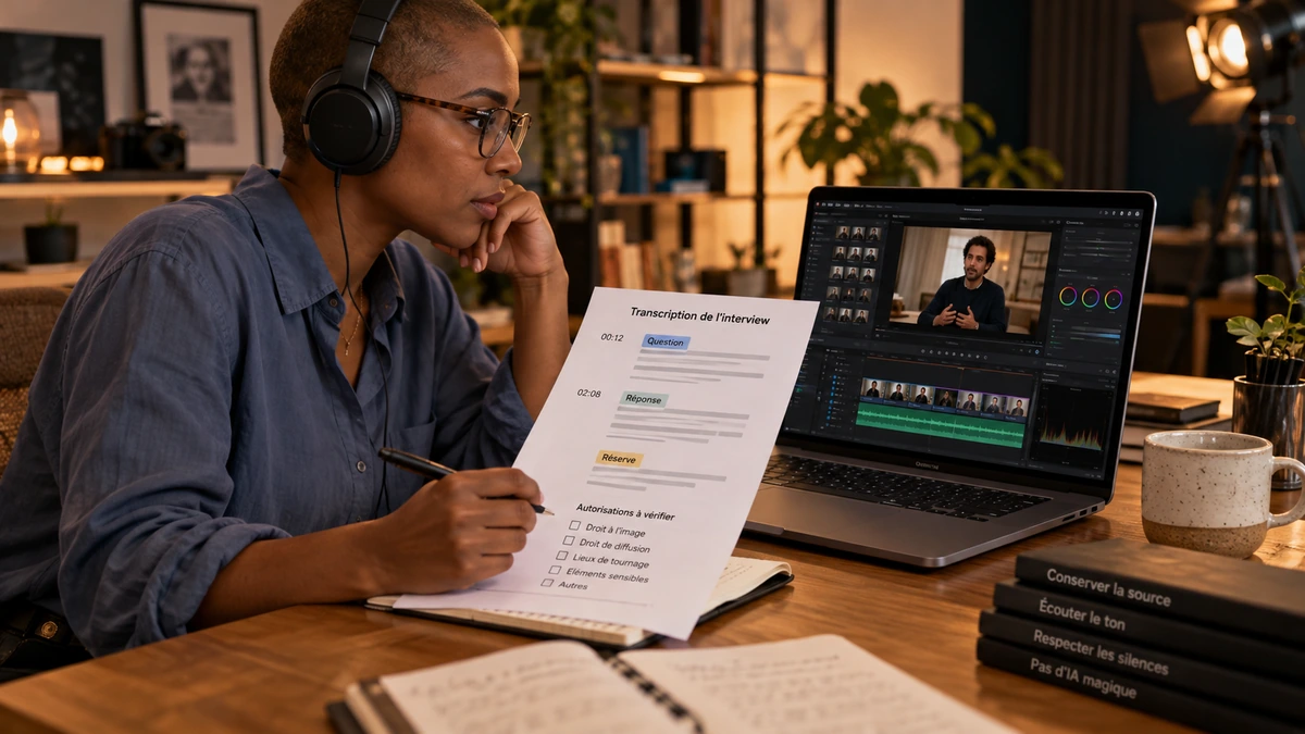 Une personne écoute une interview et annote une transcription devant son logiciel de montage.