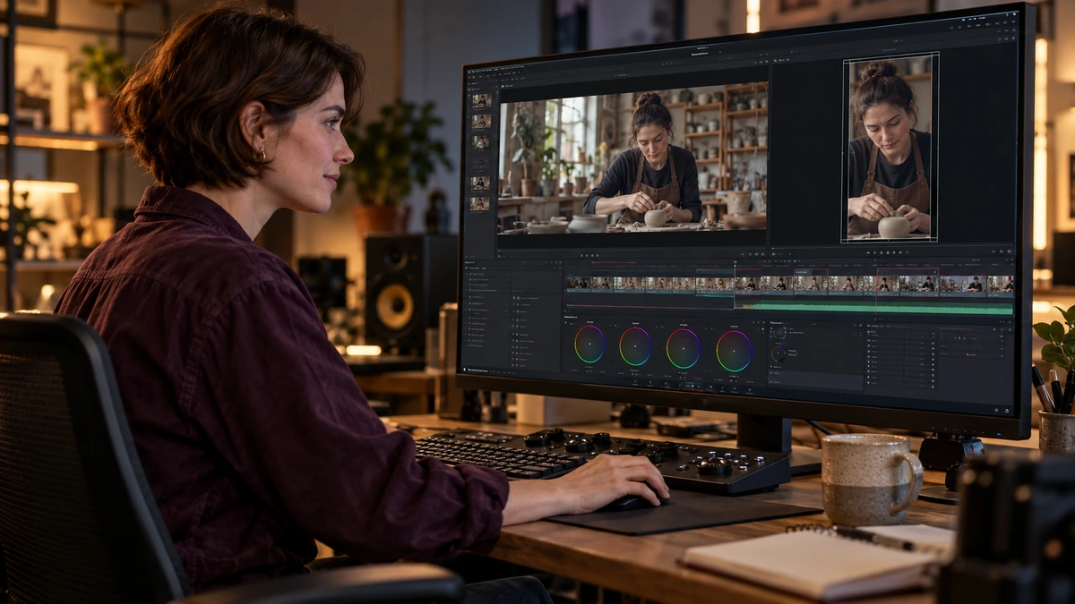 Une personne compare les cadres d’une interview dans un logiciel de montage.