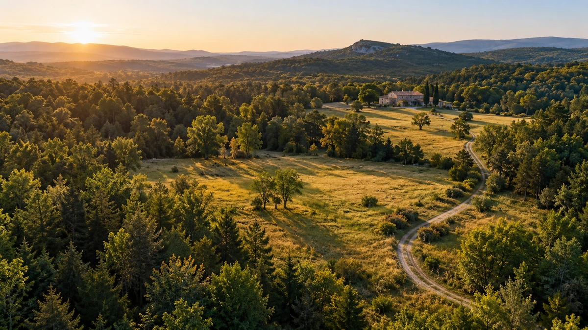 Des couches de terrain et une forêt structurent un vaste paysage.