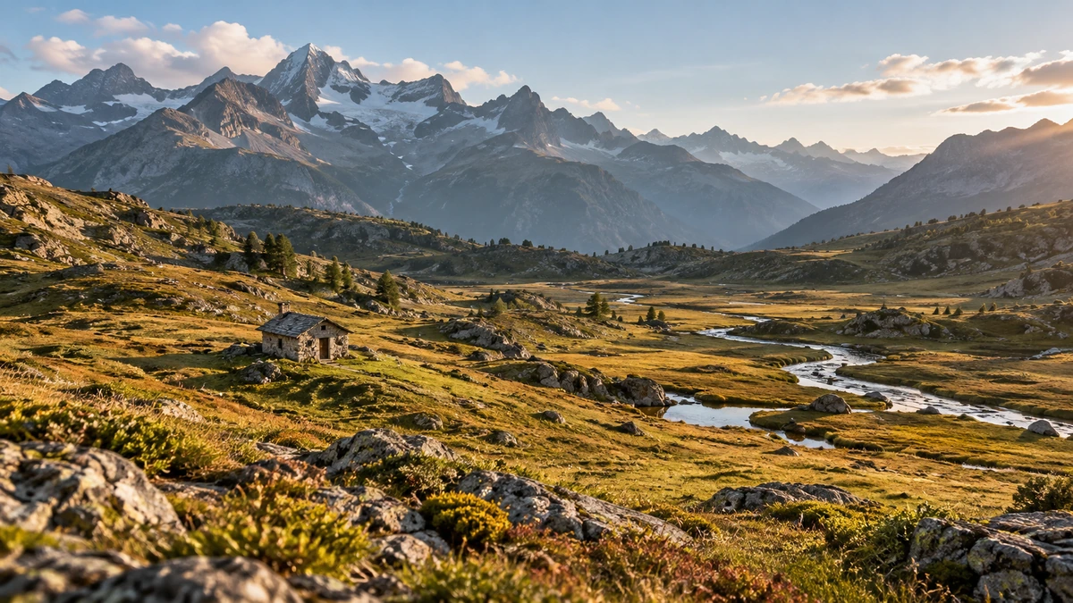 Un vaste paysage de montagne se déploie en plusieurs plans successifs.