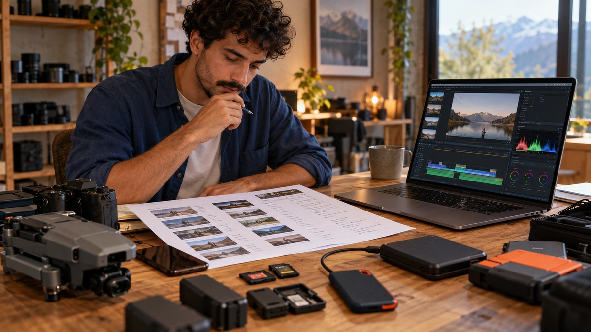 Un créateur prépare ses médias, ses supports et ses notes avant le montage.