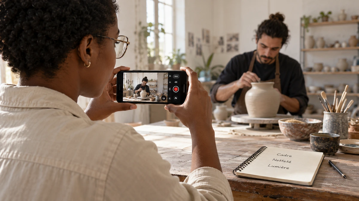 Une personne filme au téléphone un potier travaillant dans son atelier.