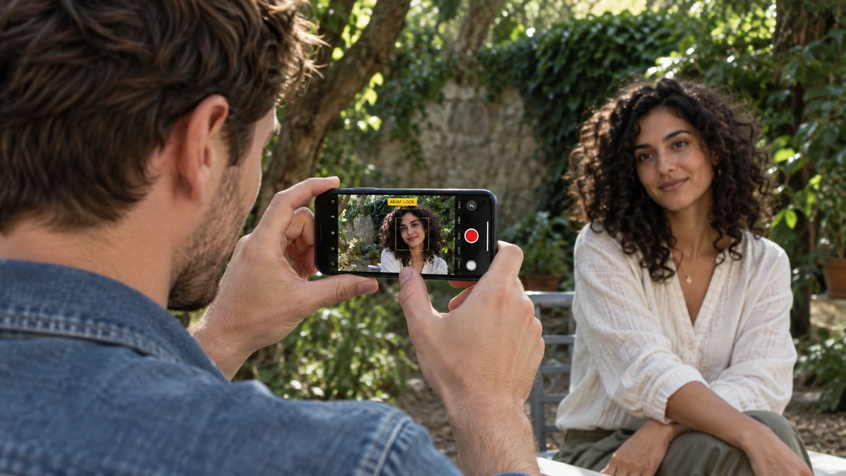 Un homme filme au téléphone une femme assise dans un jardin.