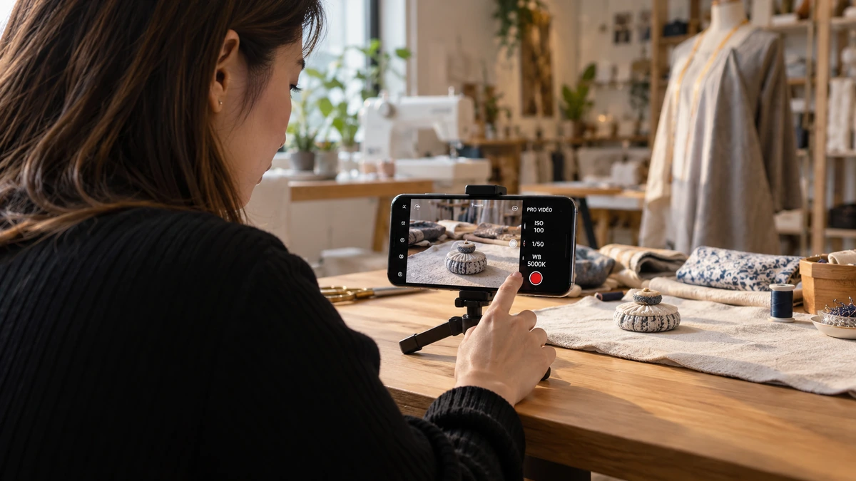 Une femme règle un téléphone fixé sur un support devant une table d’atelier.