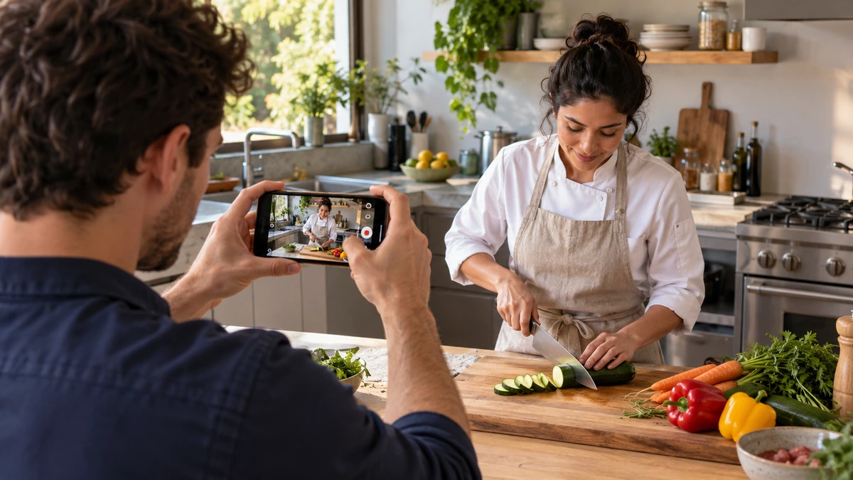 Un créateur cadre au smartphone le geste d’un cuisinier devant ses légumes.