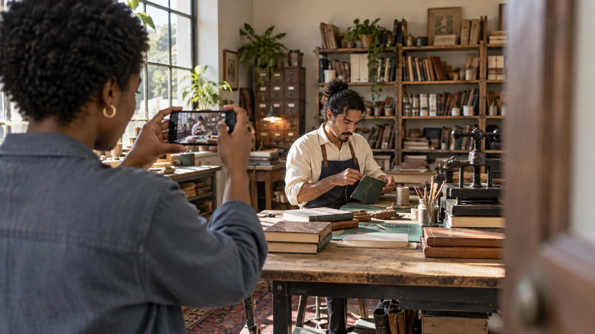 Une personne filme un travail manuel dans la profondeur d’un atelier.