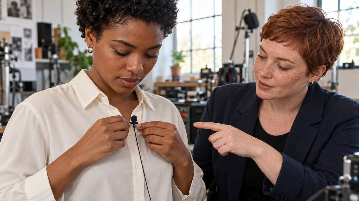 Une personne place un micro-cravate sur sa chemise avec une technicienne.