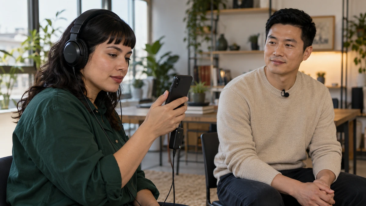 Une technicienne au casque vérifie son téléphone face à un intervenant équipé d’un micro.