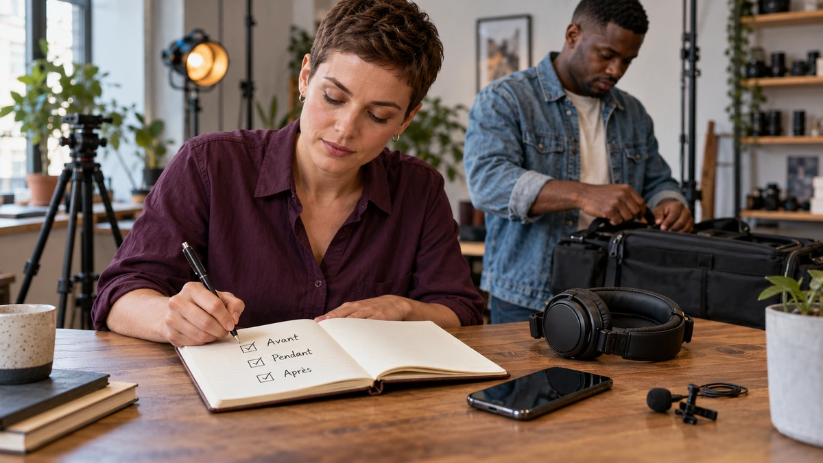 Une femme note une checklist sonore pendant qu’un technicien prépare son sac.
