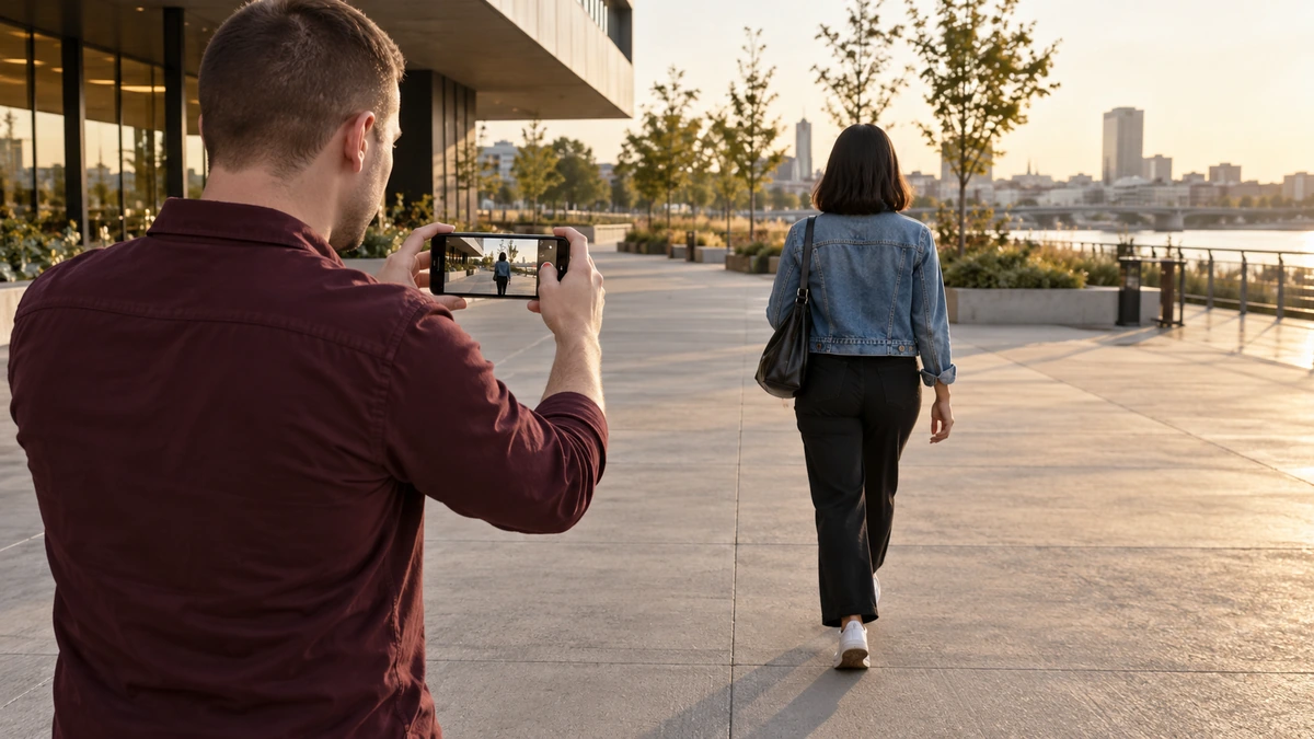 Un homme filme au téléphone une femme marchant devant lui sur une promenade.