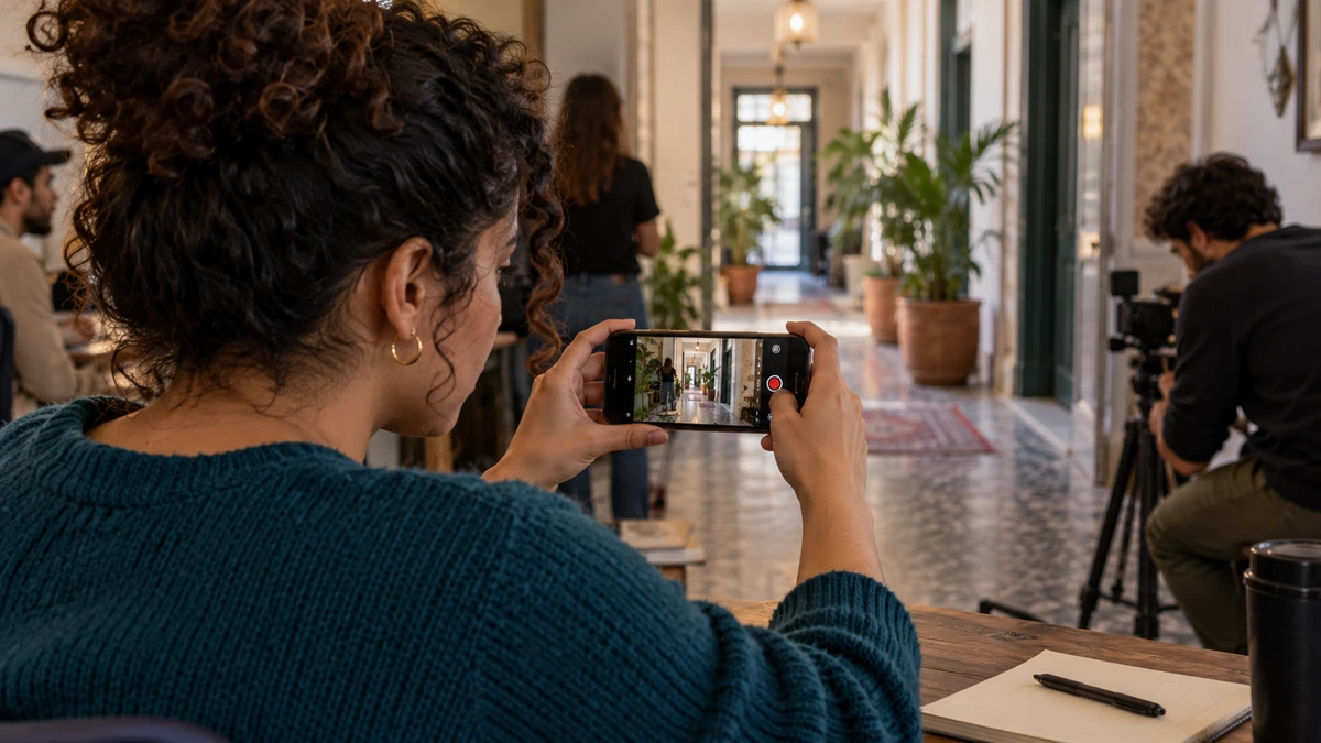 Une femme filme un intérieur au téléphone pendant un tournage.