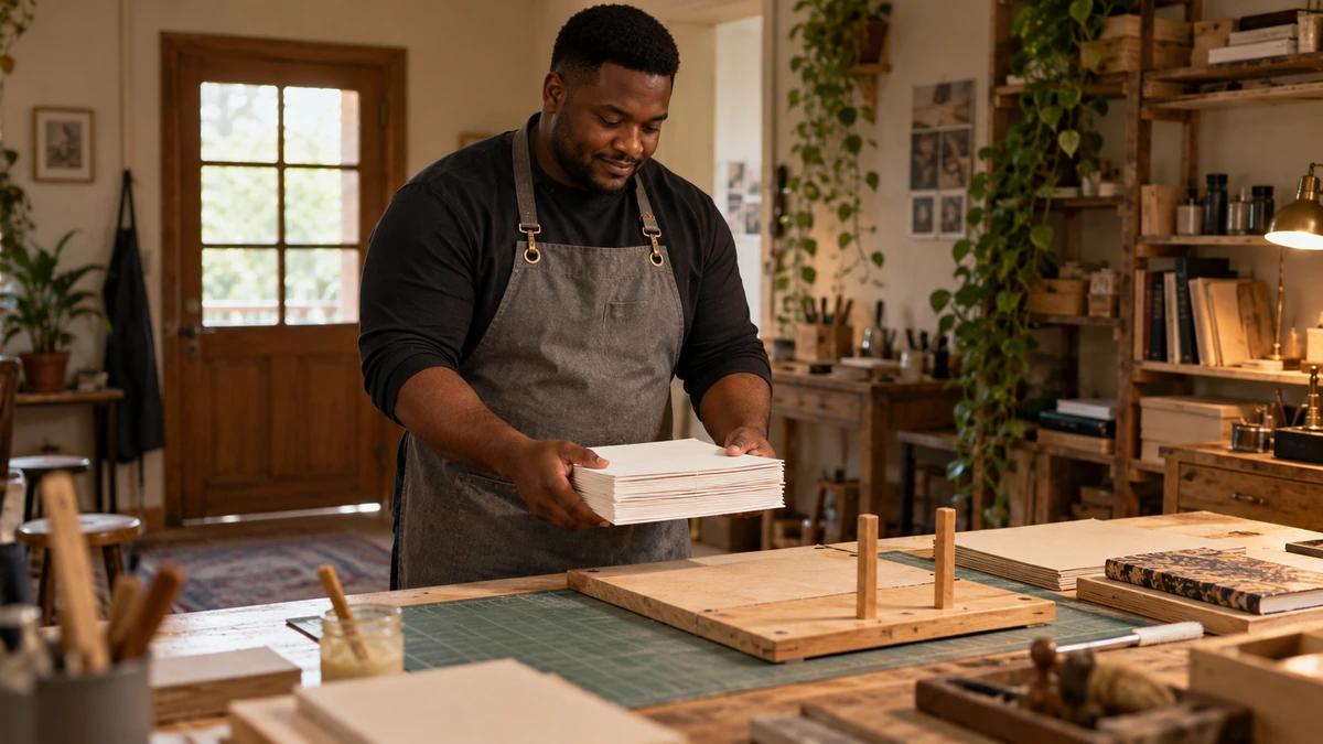 Un artisan travaille à son établi dans un atelier.