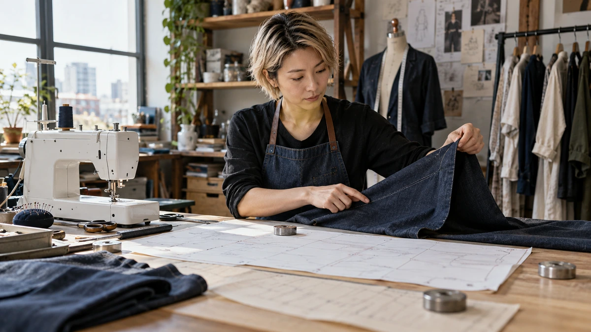 Une créatrice travaille un vêtement sur une table de couture.