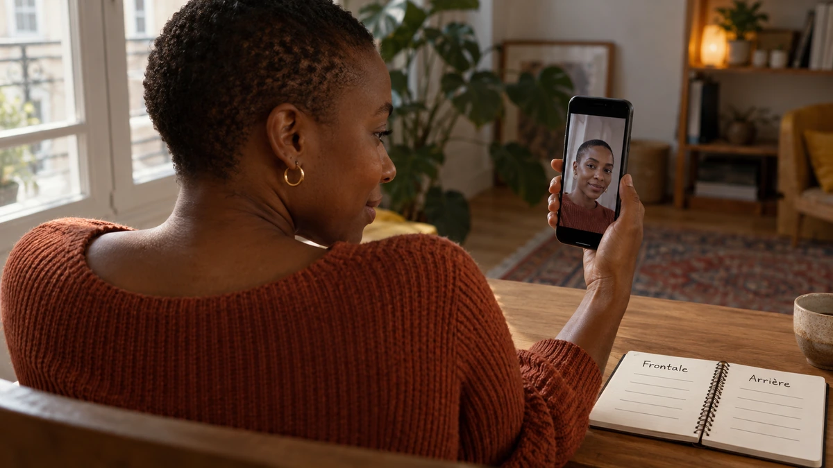 Une créatrice compare une prise de vue sur l’écran de son téléphone.