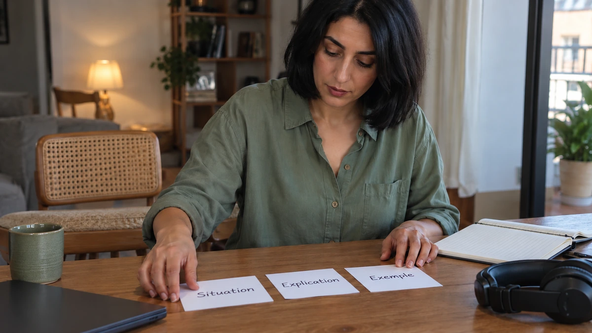 Une créatrice organise des cartes de situation, d’explication et d’exemple sur sa table.