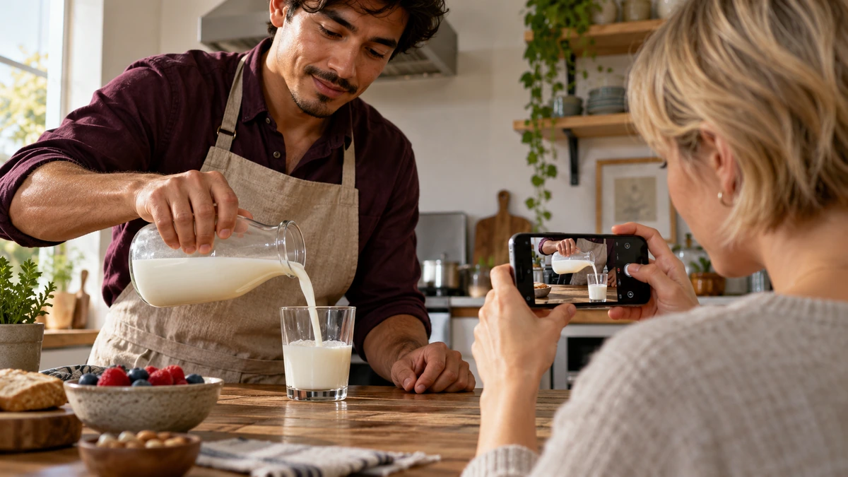 Une créatrice filme un geste de versement avec le téléphone placé au ras de la table.