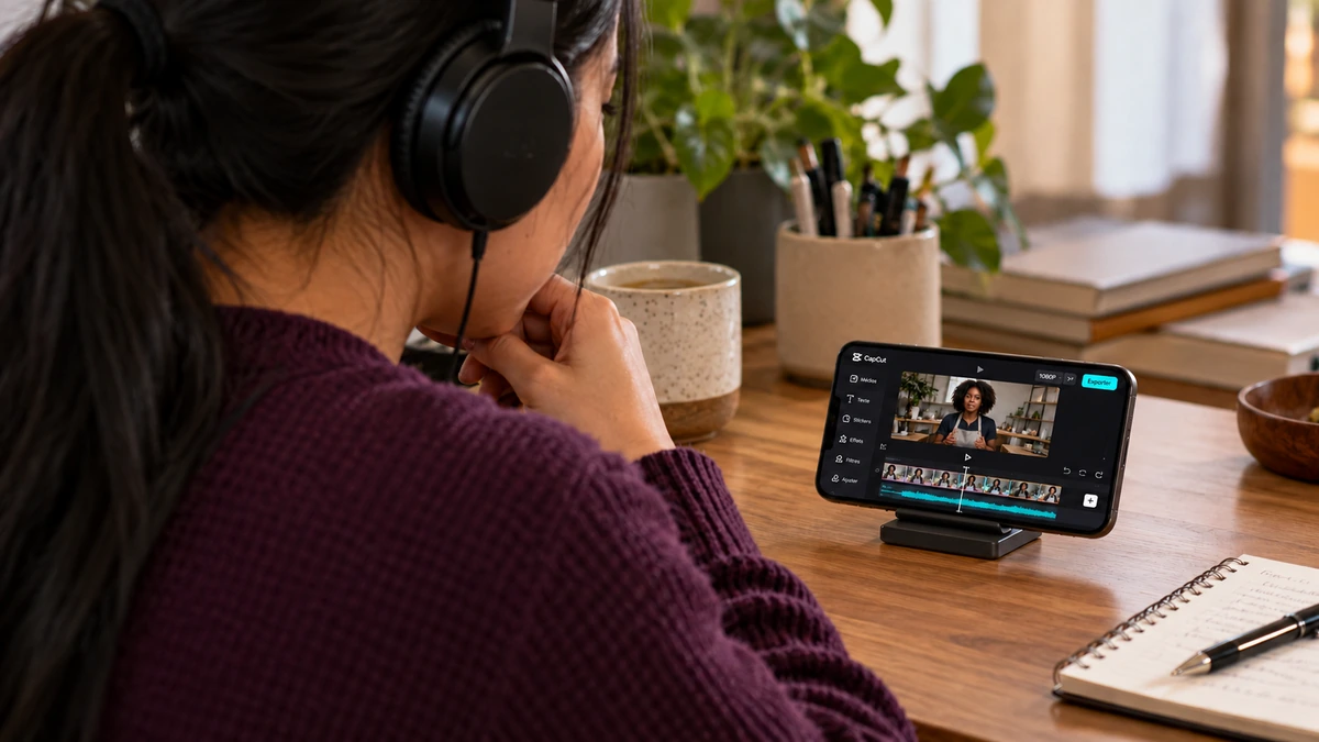 Une créatrice écoute au casque une séquence sur un téléphone posé sur support.