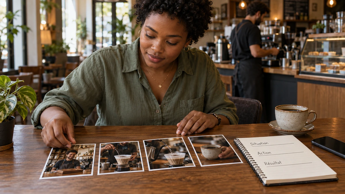 Une personne organise des photographies d’une préparation de café devant un carnet.