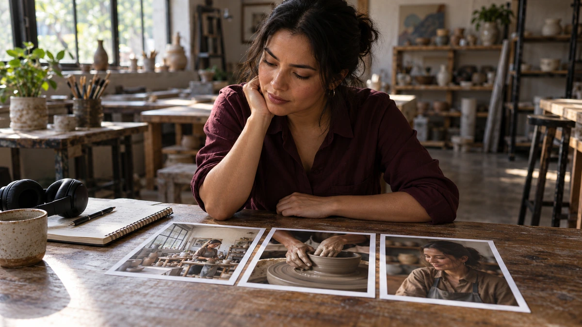 Une personne examine plusieurs photographies de moments d’un film.