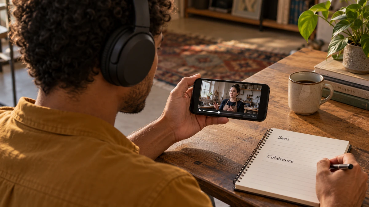 Une personne écoute au casque une interview sur son téléphone.