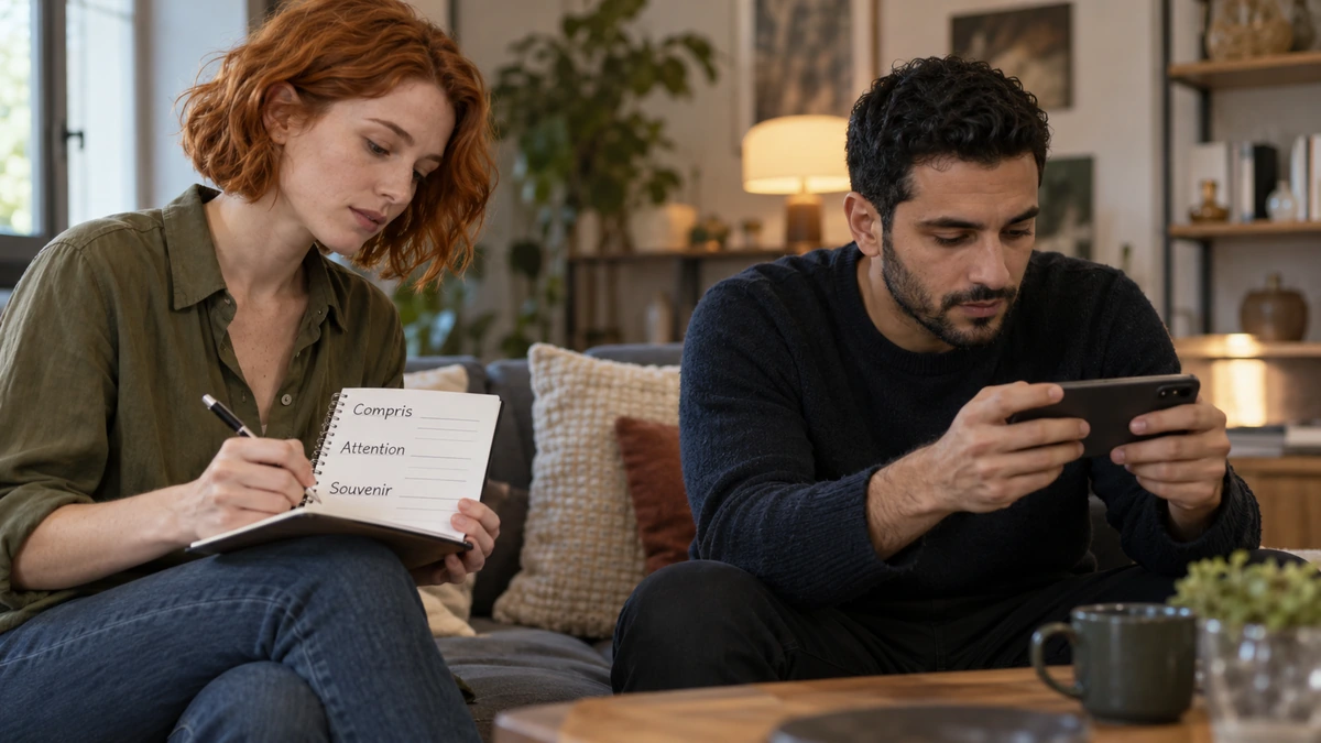 Deux personnes regardent un film et relèvent ce qu’elles en comprennent.