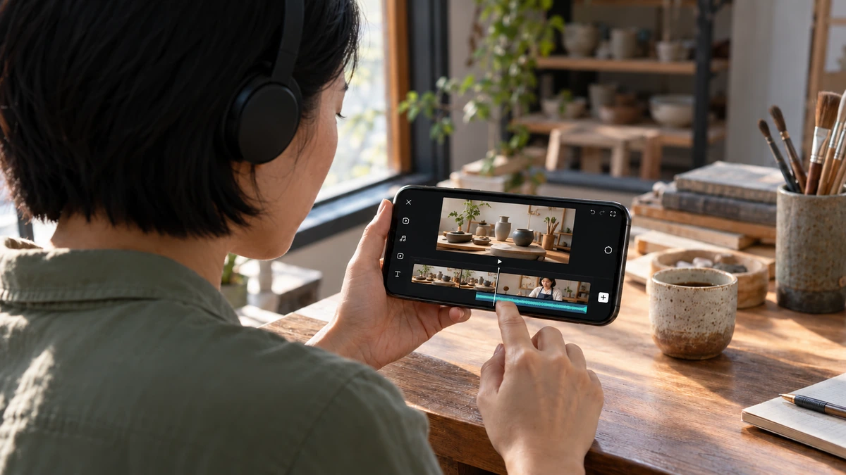 Une créatrice ajuste la position des images et de la voix sur téléphone.