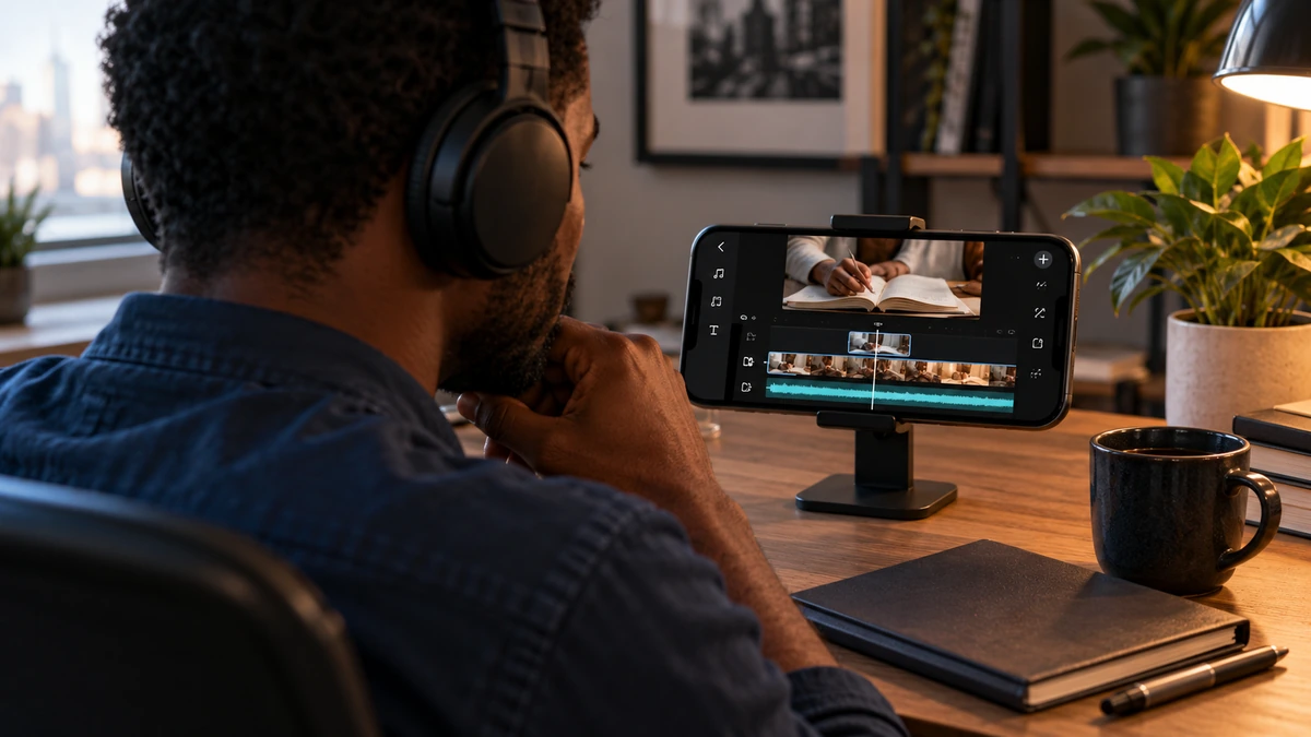 Un créateur au casque écoute sa séquence sur un téléphone posé sur pied.