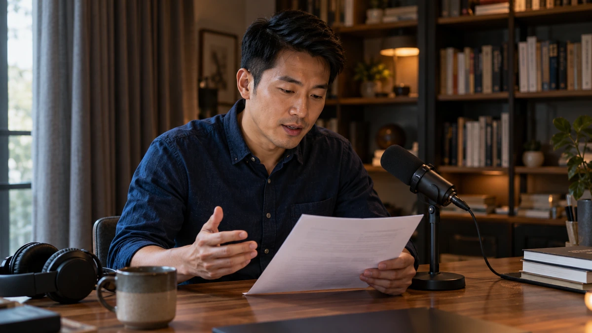 Un homme lit un texte devant un microphone dans une pièce meublée.