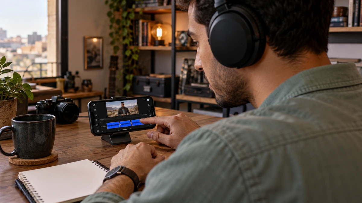 Un créateur écoute les coupes de sa prise de voix sur un téléphone.