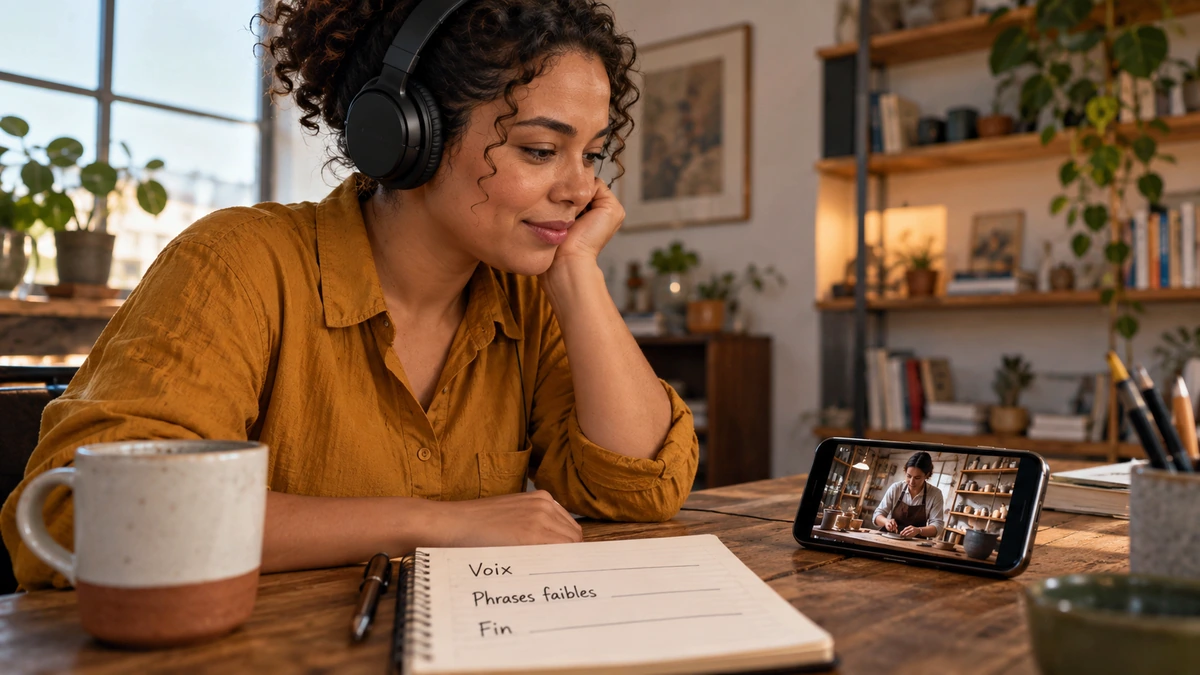 Une femme au casque écoute une séquence et prend des notes.