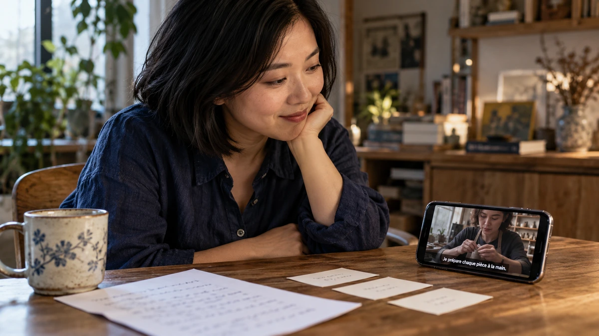 Une femme regarde une vidéo sous-titrée sur un téléphone posé devant elle.